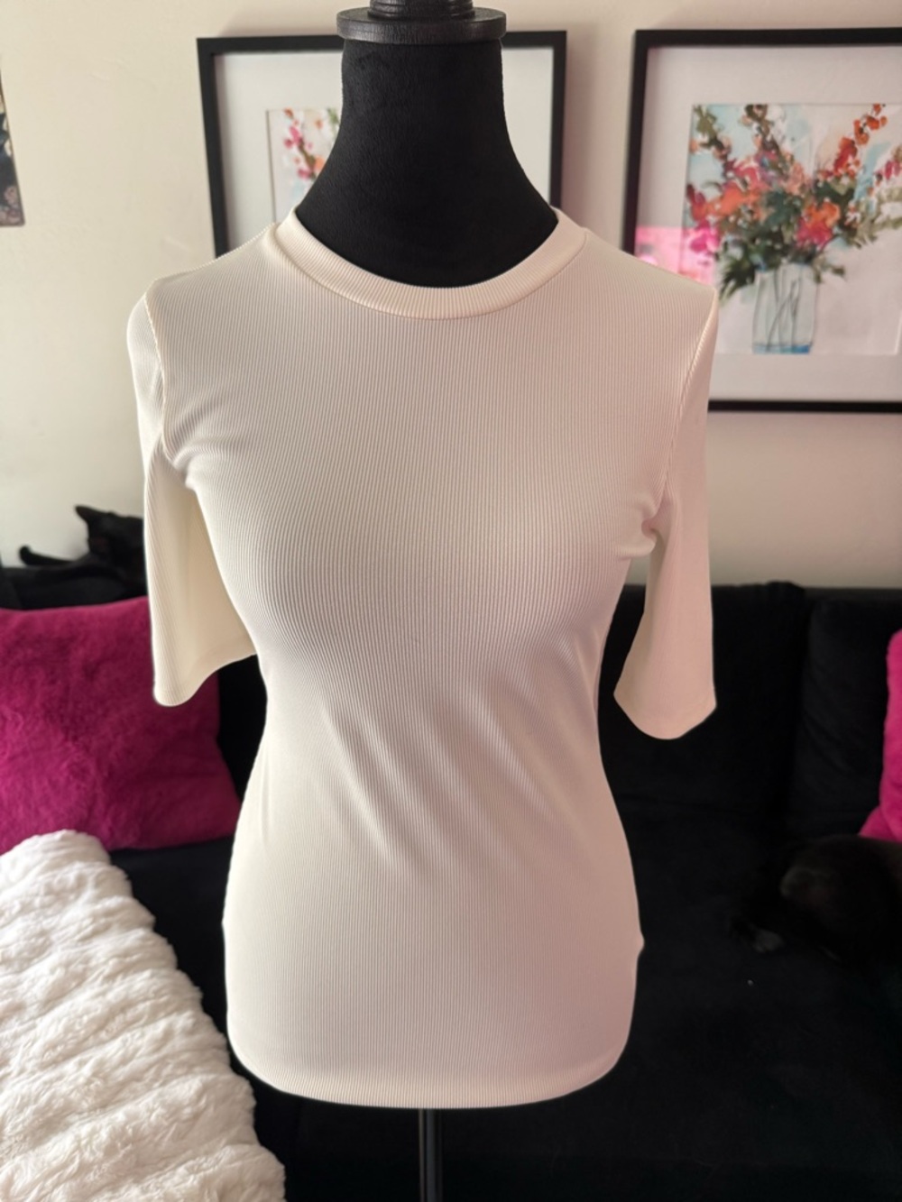 Express Cream Ribbed Short-Sleeve Crewneck Top